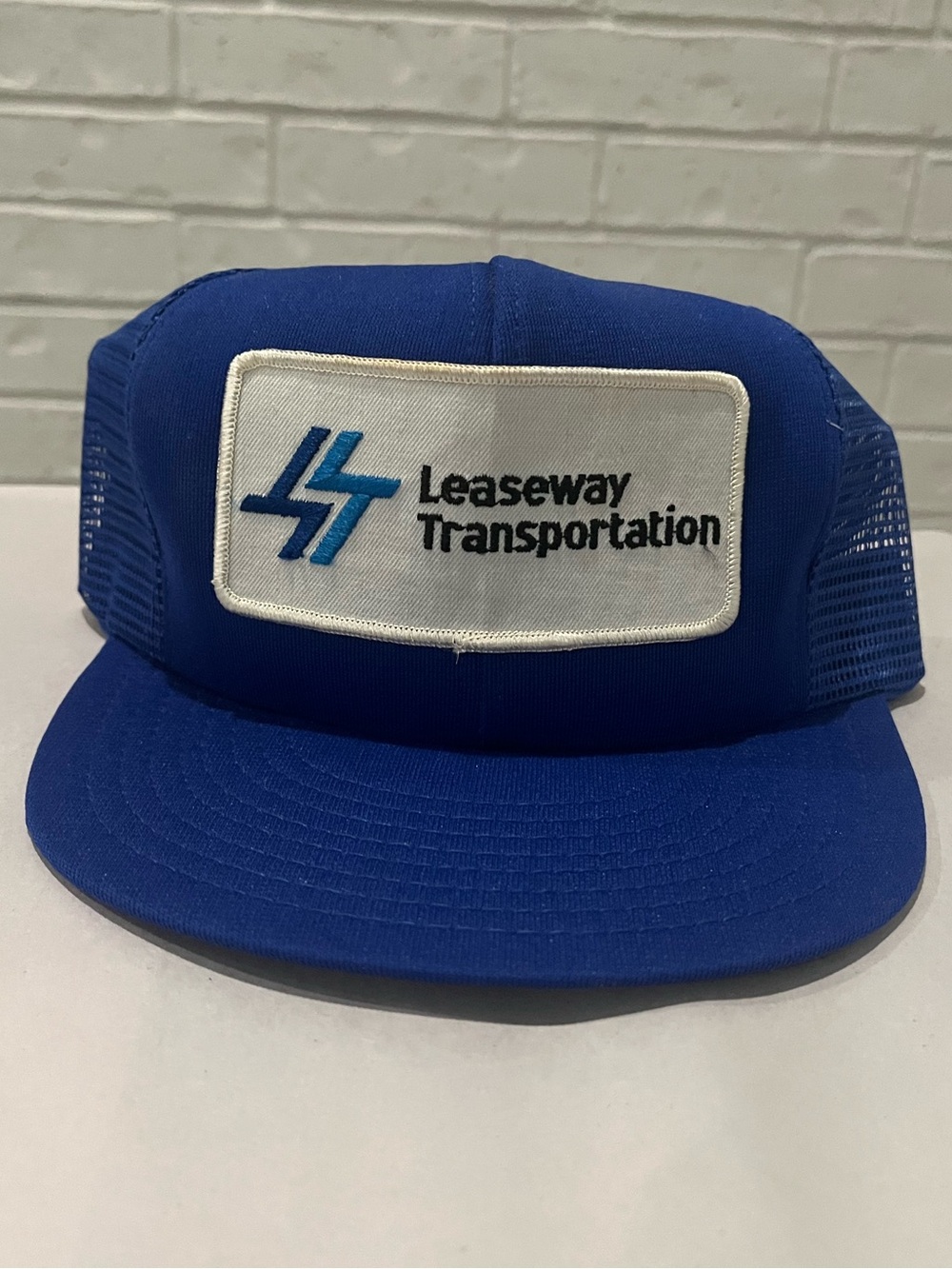 VINTAGE Leaseway Transportation patch blue white Hat snapback snap Trucker Retro